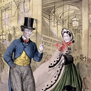 A lady and a gentleman by the entrance to the Oxford Music Hall, Oxford St, Westminster, c1860