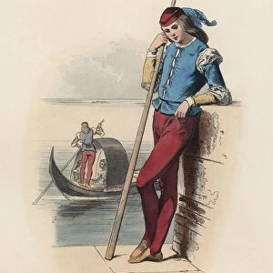 Venetian gondolier from beginning 16th century, color engraving 1870