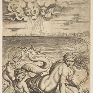 Venus and Cupid riding two sea monsters, Cupid raises an arrow in his right hand, t