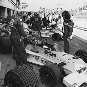 1976 Canadian Grand Prix: James Hunt, 1st position, in the pit lane, portrait