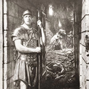 Faithful Unto Death. A soldier guarding his master during the destruction of Pompeii, Italy. After the painting by Sir Edward J Poynter. From a Marketing Board Poster, c. 1930