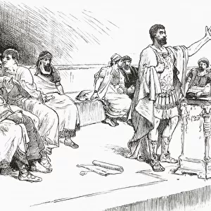 Hannibal in the assembly at Carthage. Hannibal, 247 - c. 183 / 181 BC. Carthaginian general and statesman. At the end of the Second Punic War in 201 BC he was elected suffete (chief magistrate) of the Carthiginian state. From Cassells Illustrated Universal History, published 1883