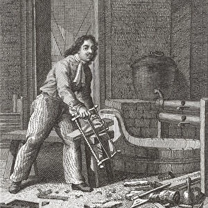 Peter the Great, Peter I or Pyotr Alexeyevich Romanov, 1672 - 1725. Tsar of Russia. Here seen working at carpentry in his house an Zaandam, Netherlands. Peter spent time at Zaandam in 1697 studying ship building. He lived in a small wooden house which today is a museum known as the Czar Peter House. From a print by Meno Hs after a work by Schubert; Illustration