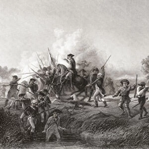 Scottish-American General William Alexander, also known as Lord Stirling, at the Battle of Long Island, August 27, 1776 during the American Revolutionary War. In the picture the outnumbered and outflanked Americans under Stirlings command are forced to retreat across Gowanus Creek. After a 19th century engraving