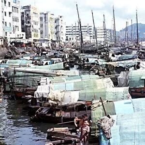 Kowloon Hong Kong general view of sampans forming floating population