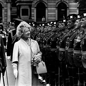 Queen Mother at her guard of honour with 52nd Lowland Volunteers at Glasgow City Chambers