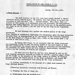 Suez Crisis 1956 Press Release put out by Arab students 5 / 11 / 56