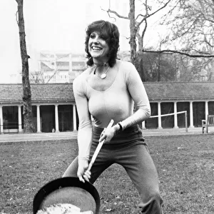 Suzanne Danielle in great form before taking part in a pancake race, 23rd February 1982