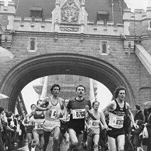 Tower Bridge the half way mark in the 1981 London Marathon April 1981