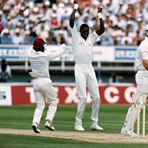 West Indies bowler Curtly Ambrose celebrates after taking the wicket of England batsman