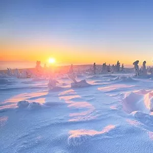 Winter landscape with sunset in a background, Karkonosze Mountains, Poland