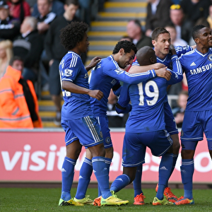 Chelsea's Star Five: Willian, Salah, Ba, Matic, and Eto'o in Unison after Scoring against Swansea City (Swansea v Chelsea, Barclays Premier League, Liberty Stadium, 13th April 2014)
