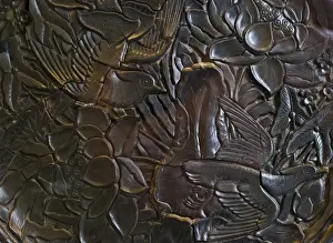 Birds And People Prints: 14th C Chinese black lacquer dish showing two Mandarins against Lotus and water plants