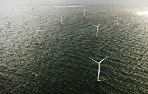 Aerial view of Scroby Sands windfarm off Great Yarmouth Norfolk Aerial view of Scroby Sands windfarm off Great Yarmouth Norfolk