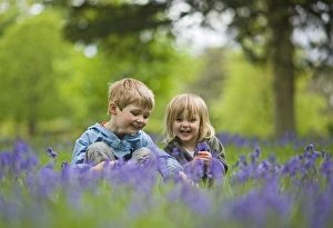Child playing among Bluebells Norfolk May