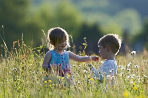Children Prints: Children playing in hay meadow Norfolk UK may