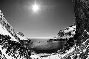Black And White Prints: Hercules Bay with cruise ship anchored South Georgia November