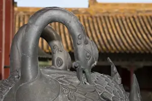 China Prints: Incense burner comprised of three bronze cranes within Forbidden City Beijing China