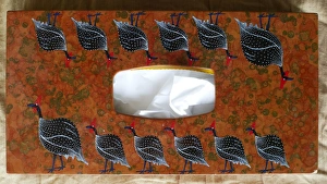 Lacquer tissue box with painted guineafowls Kenya East Africa Lacquer tissue box with painted guineafowls Kenya East Africa