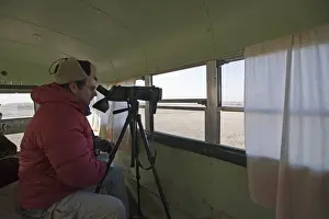 Birding Prints: Mark Cocker watching lekking Sharp-tailed Grouse in the Sandhills Nebraska USA April 2008