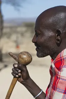 Kenya Prints: Masai elder holding a Rungu a club used for throwing to ward off hyenas and other
