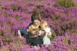 Heather Prints: Mother and kids on heath in summer Norfolk UK