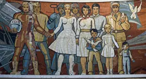 Mural above Ulan Bator Mongolia depicting the Russian Yuri Gagarin first astronaut in space
