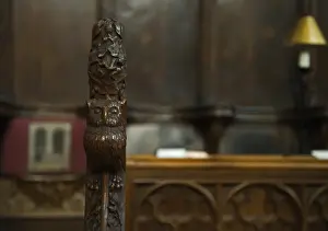 Birds And People Prints: Owl carving on victorian pew end Gloucester Cathedral