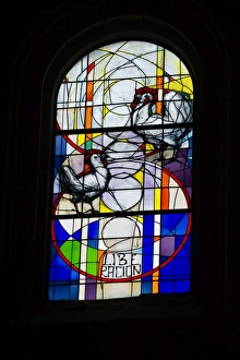 Stained glass window in cathedral Santo Domingo de la Calzada depicting a hen and Stained glass window in cathedral Santo Domingo de la Calzada depicting a hen and