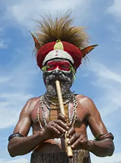 Pacific Prints: Tribal performer Western Highlands Papua New Guinea performing at a Sing-sing - Hagen