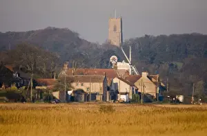 Landscape Prints: Village of Cley looking across the Norfolk Wildlife Trust Reserve from the East Bank