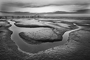 Black And White Prints: The Wash viewed from Snettisham RSPB Reserve Norfolk at dusk and at low tide in winter