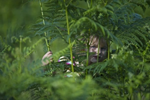 Children Prints: Young girl hiding among bracken Norfolk summer