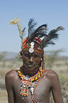 Young Masai man wearing Ostrich feathers signifying recent circumsision Samburu Kenya